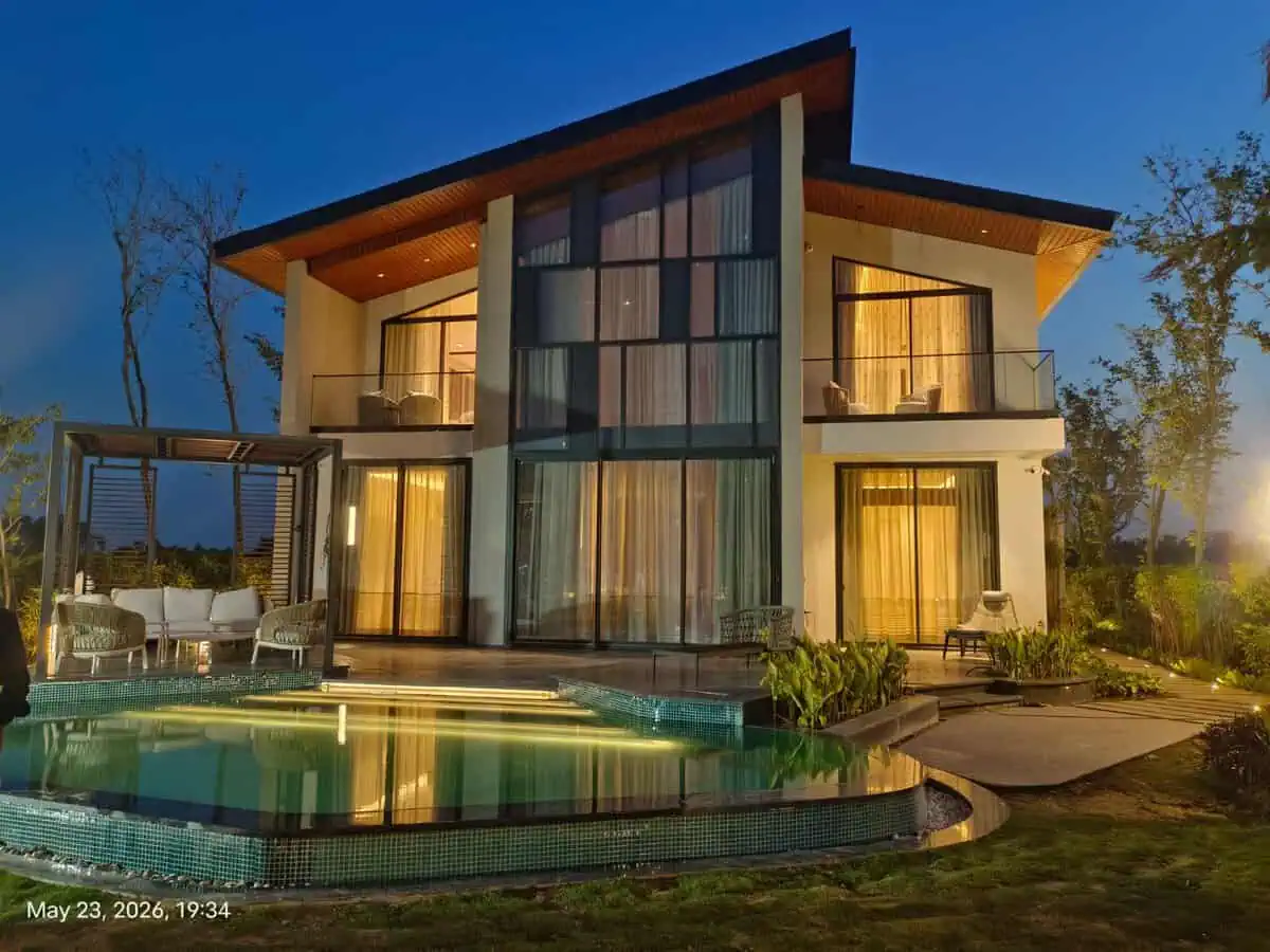 Lumora Avacasa private-pool 3 BHK villa at Badkala Hills near Dehradun at dusk