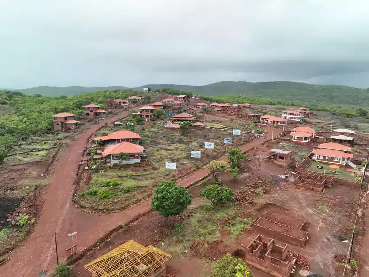 Konkan Trails Dapoli ready villas aerial drone view of chira-brick bungalows