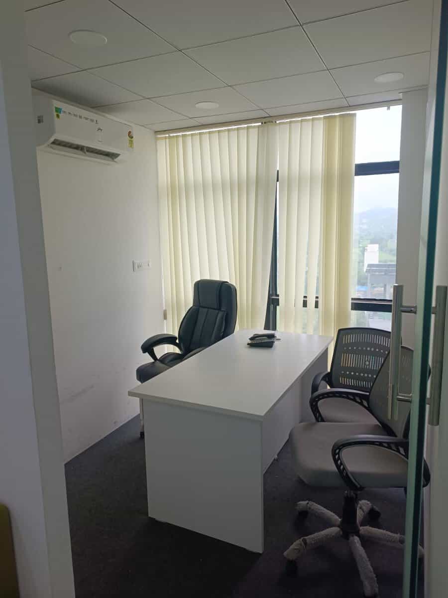 Private manager cabin with full-height window and hill view in Hinjewadi office space at Suratwala Mark Plazzo 7th floor
