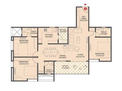 Mount Unique Residence Baner 3 BHK floor plan with 1150 sq ft carpet area layout