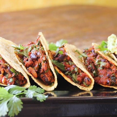 Black Bean Vegan Tacos with Organic Corn Taco Shells & Guacamole by Anastasia, Kind Earth