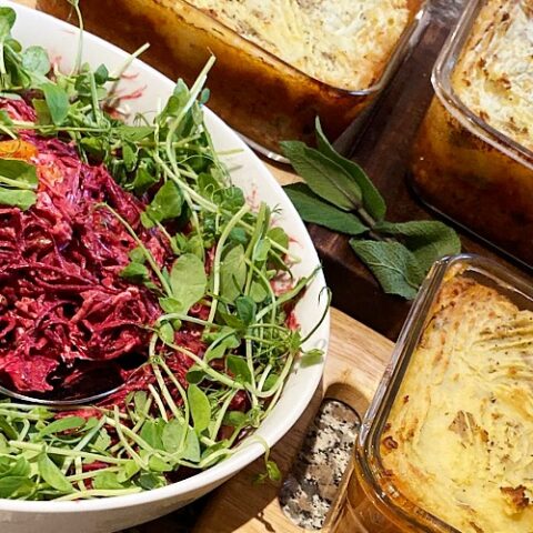 Roast butternut squash beetroot raw slaw with lentil cottage pie