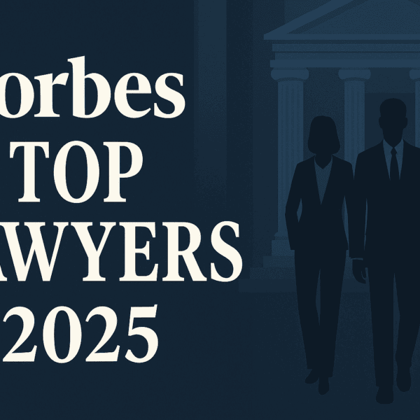 Wide banner reading Top Lawyers 2025 in bold serif font, with silhouettes of suited lawyers standing before courthouse columns and scales of justice. Professional dark blue and white palette designed to convey authority and prestige in the legal profession.