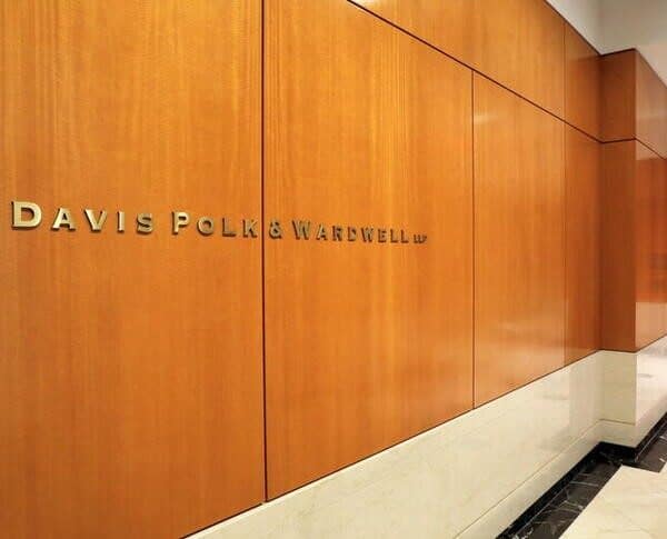 The logo of the law firm Davis Polk & Wardwell is seen in their legal offices in New York City, New York