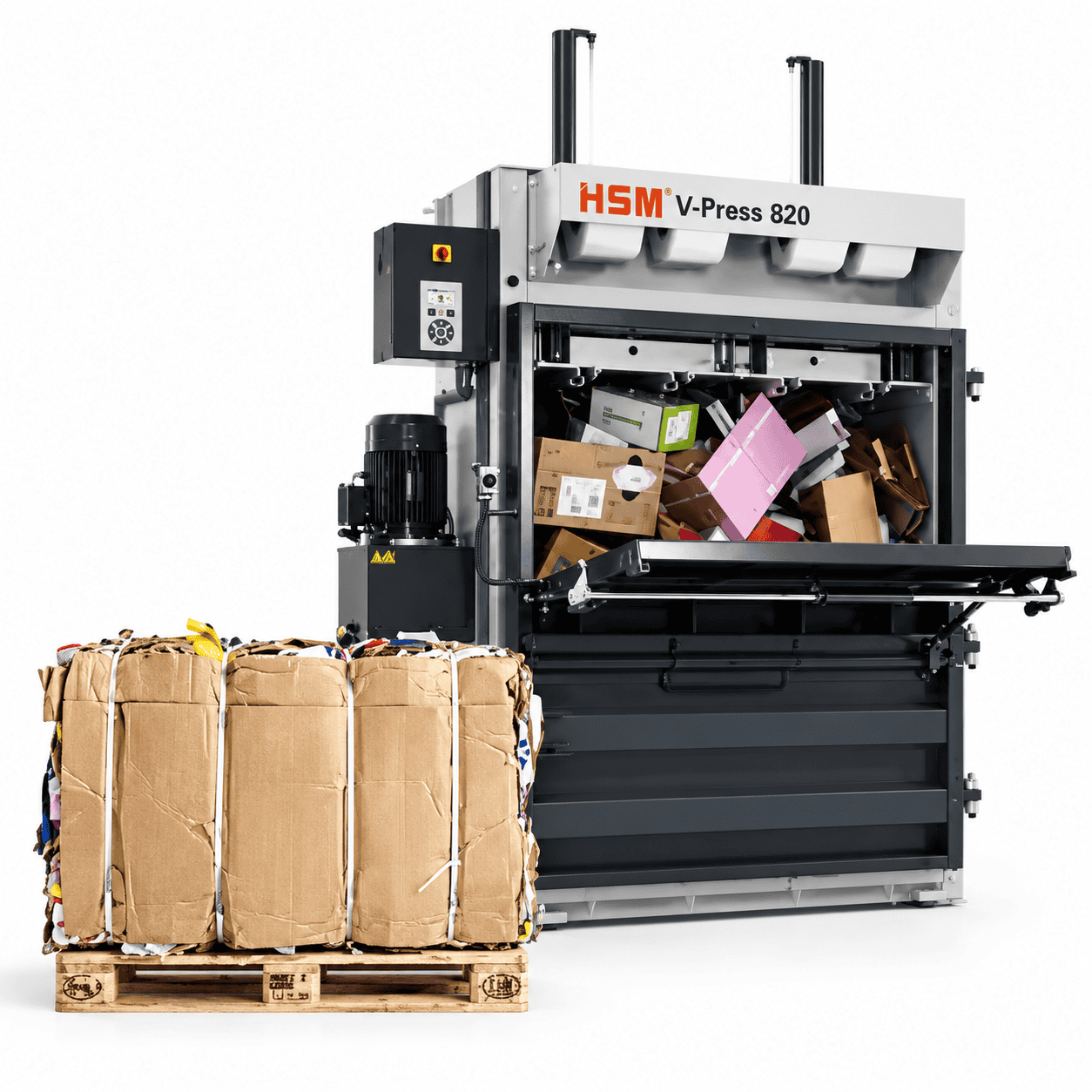 Industrial cardboard baler with compressed cardboard bale