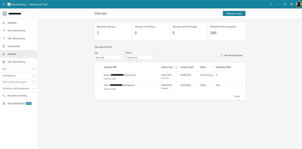 Screenshot Bing Webmaster Tools