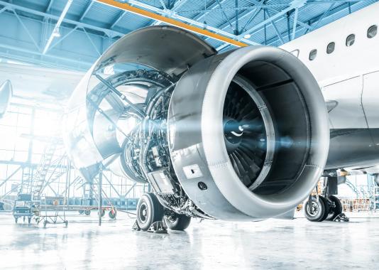 Aircraft engine in maintenance hangar