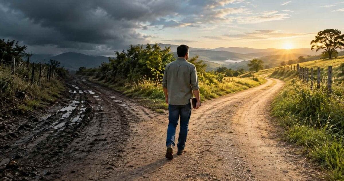 Homem escolhendo o caminho iluminado e se afastando do caminho escuro