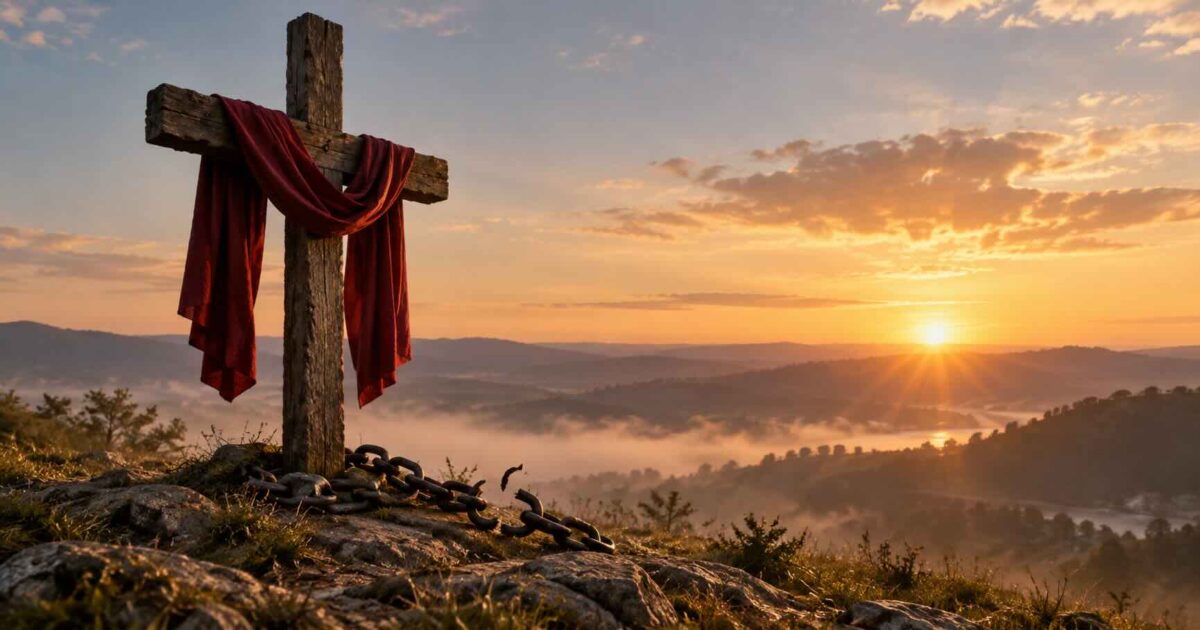 Cruz com tecido vermelho e correntes quebradas representando a redenção em Jesus