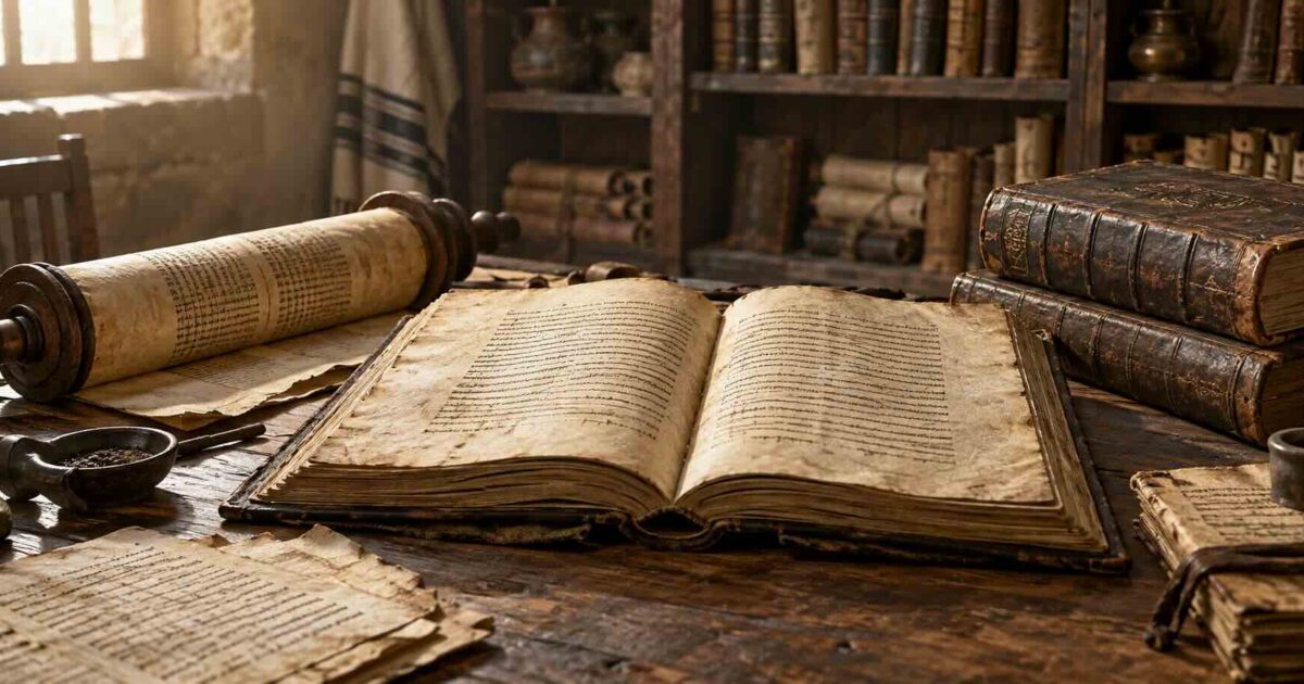 Bíblia antiga aberta ao lado de manuscritos e pergaminhos