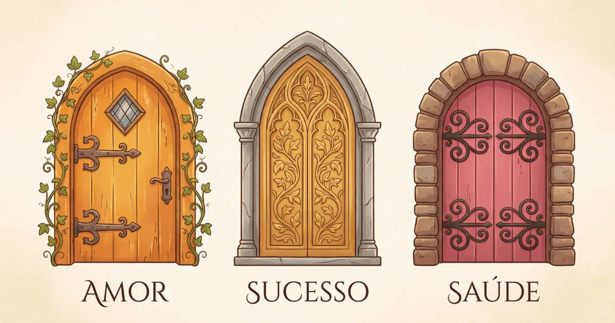 Três portas ilustradas com as palavras Amor, Sucesso e Saúde, na reflexão Porta da Bênção.