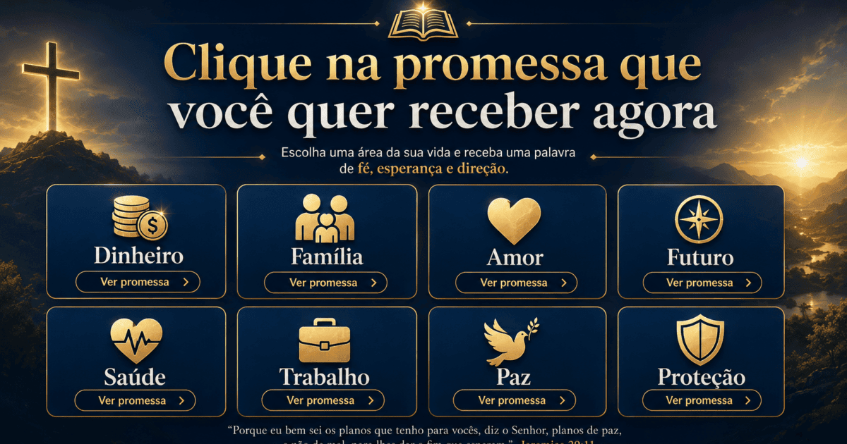 Painel azul e dourado de promessas por tema, com símbolos de família, amor, trabalho, paz e proteção.