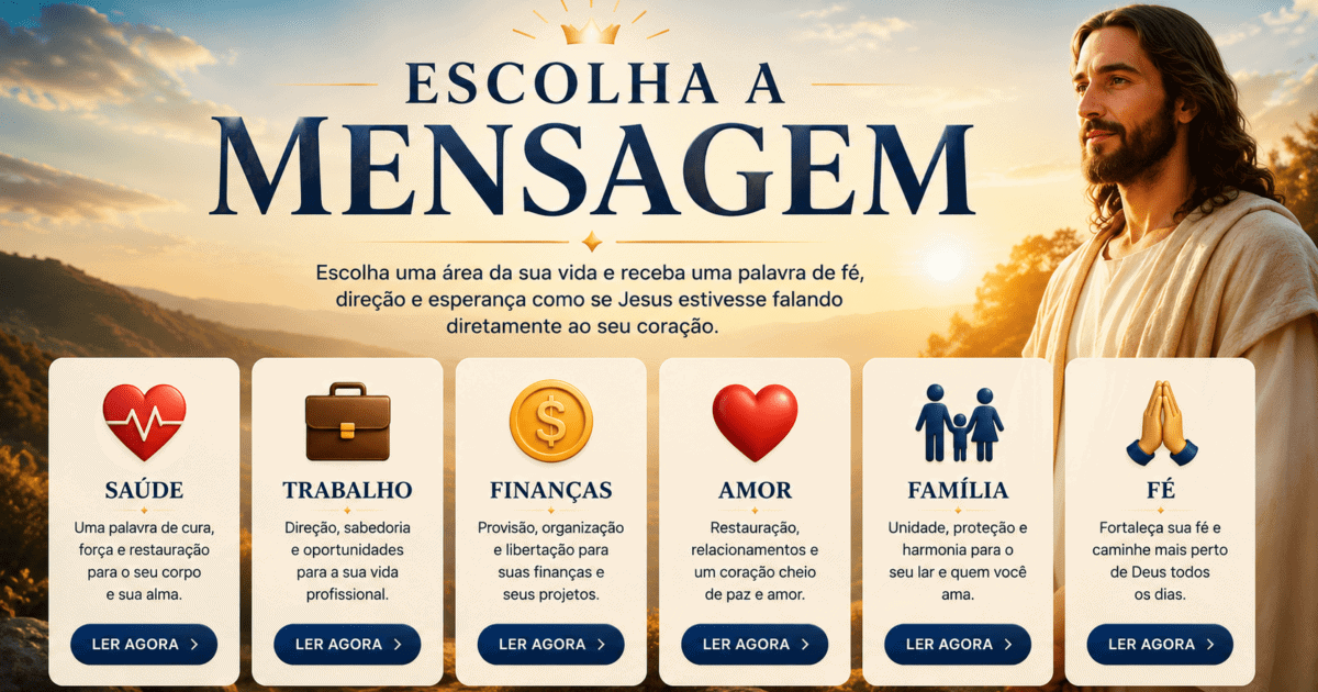 Ilustração de Jesus ao lado de mensagens por tema, com cartões sobre saúde, trabalho, finanças, amor, família e fé.