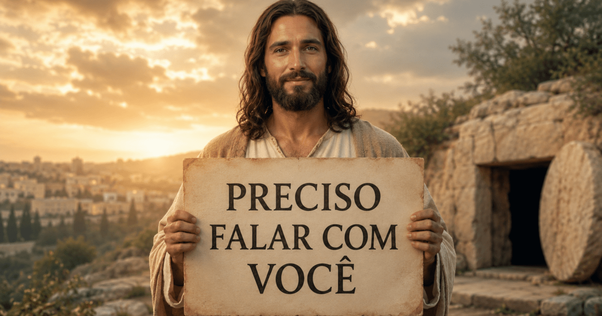 Representação de Jesus segurando uma placa com a frase “Preciso falar com você”