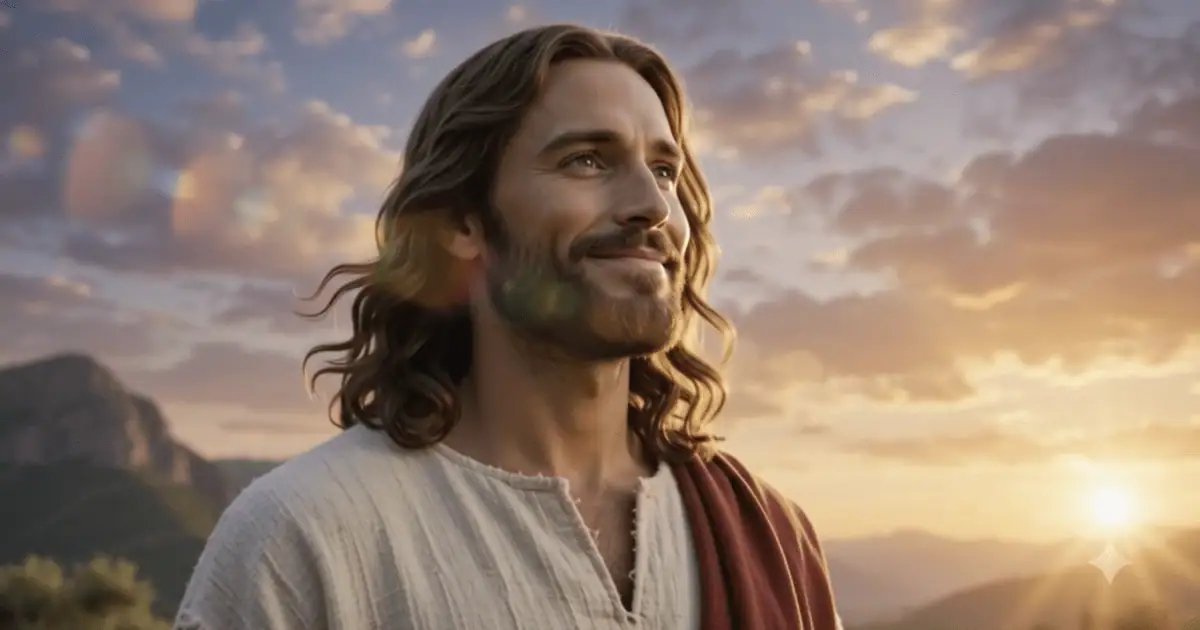 Jesus de túnica clara e manto vermelho diante de montanhas ao pôr do sol, em ilustração para a reflexão Ouvir Jesus.