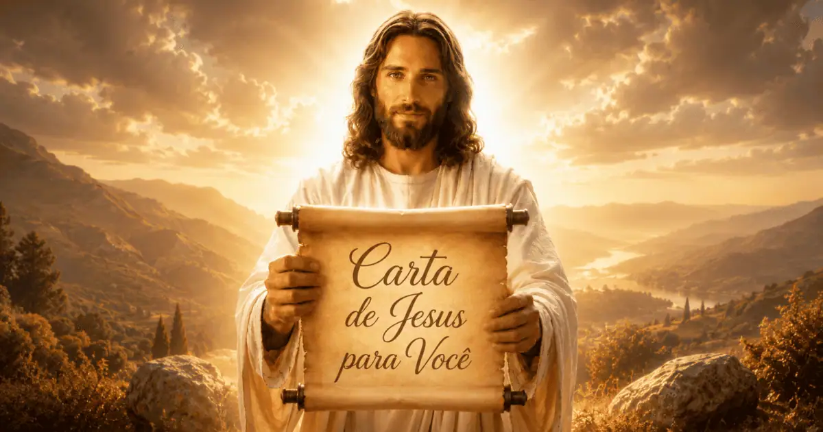 Ilustração de Jesus segurando um pergaminho com a frase “Carta de Jesus para Você”, diante de montanhas e céu dourado.