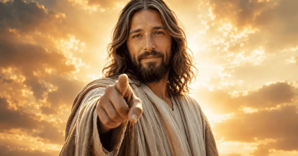 Jesus aponta para a frente sob nuvens douradas, ilustrando as reflexões Fala Jesus e Bênçãos para a Vida.