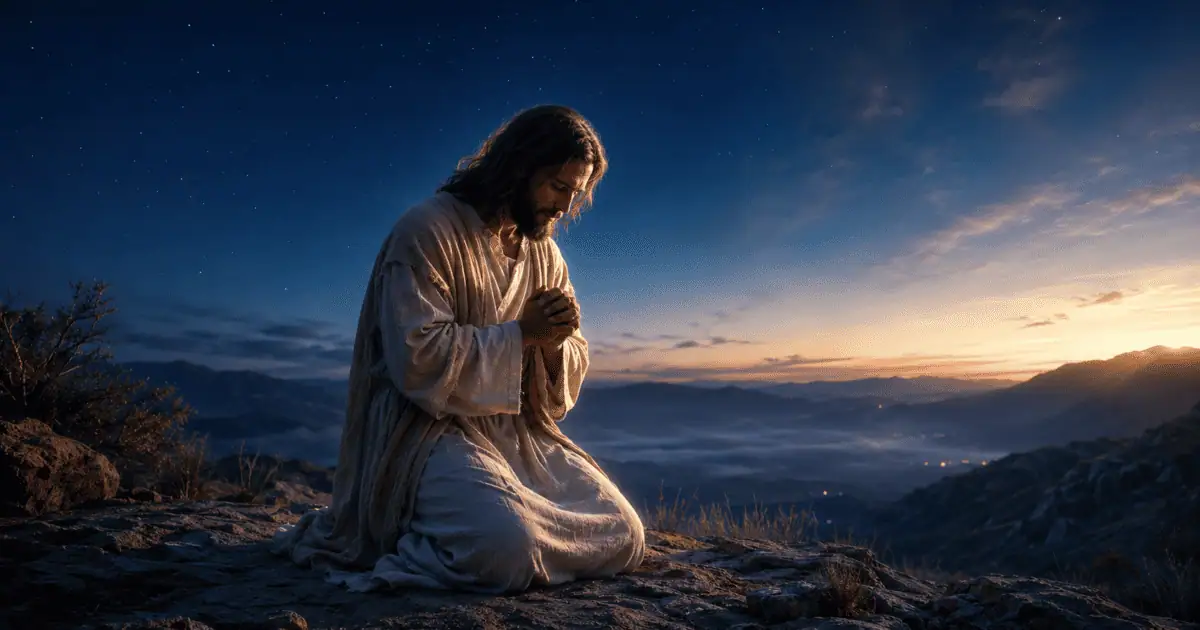 Jesus ajoelhado em oração sobre rochas sob um céu estrelado, nas reflexões Madrugada milagrosa, Milagre da madrugada e Palavra antes de dormir.