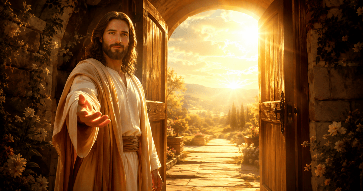 Jesus estende a mão diante de portas de madeira abertas e iluminadas, na reflexão sobre discernir as portas com fé.