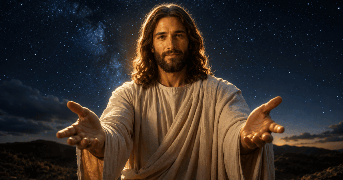 Jesus com as mãos abertas sob um céu estrelado, nas reflexões Sinal da madrugada, Estrela da madrugada, Carta de Deus na madrugada e Mensagem antes de dormir.