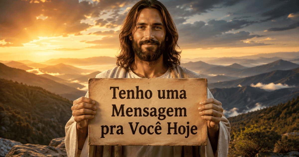 Ilustração de Jesus diante de montanhas ao pôr do sol, segurando uma placa com a frase “Tenho uma Mensagem pra Você Hoje”.