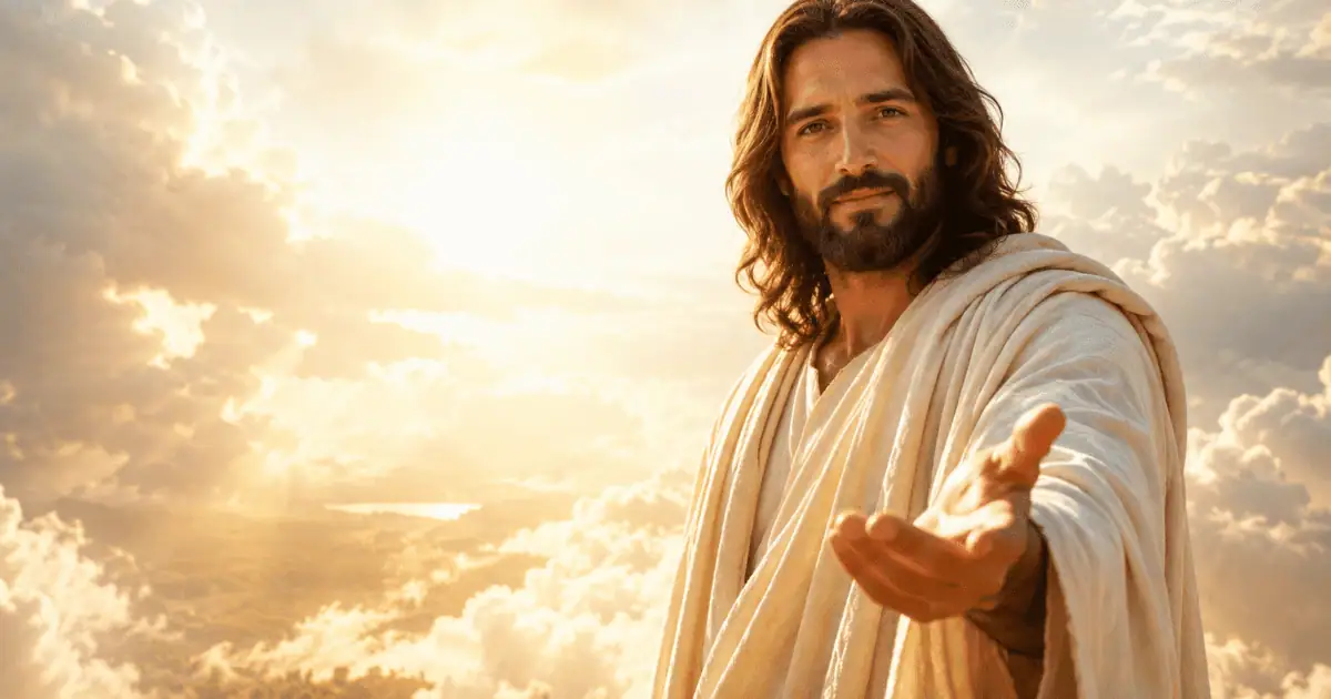 Jesus de vestes claras estende a mão entre nuvens iluminadas, na reflexão Sinal de Deus.
