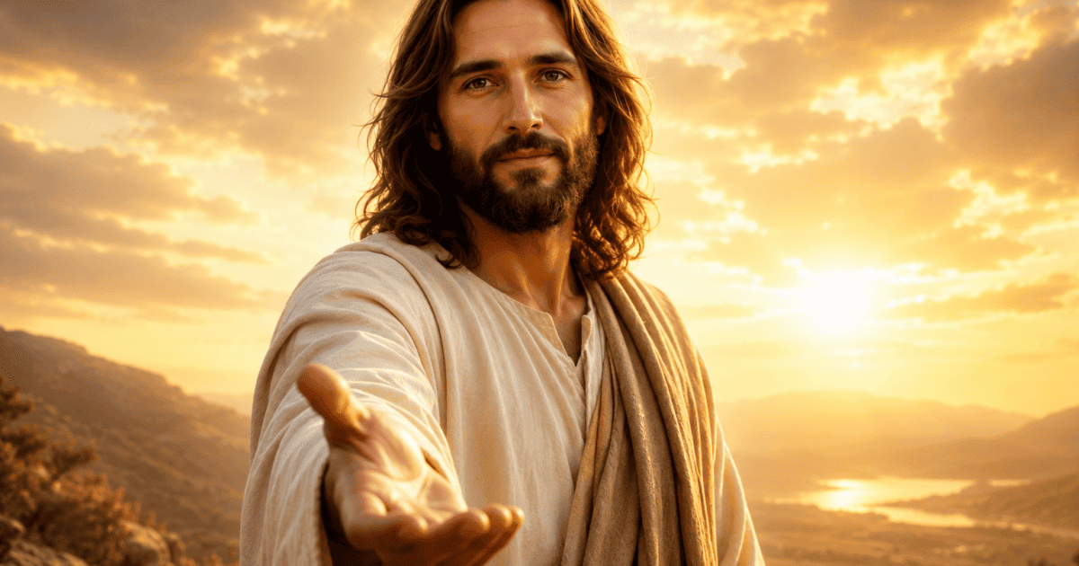 Ilustração de Jesus estendendo a mão em um vale ao pôr do sol, na reflexão Deus me ouve.