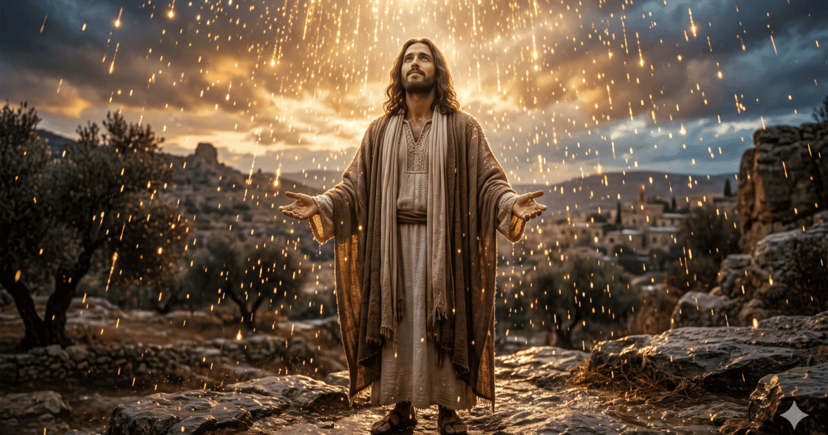 Jesus com os braços abertos sob uma chuva de luz dourada, na reflexão Milagre Financeiro.