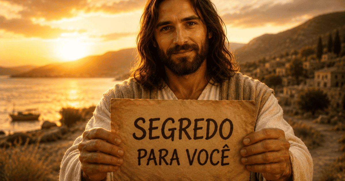 Jesus segura um pergaminho com a frase Segredo para você diante de um lago ao pôr do sol, ilustrando a esperança em construção.