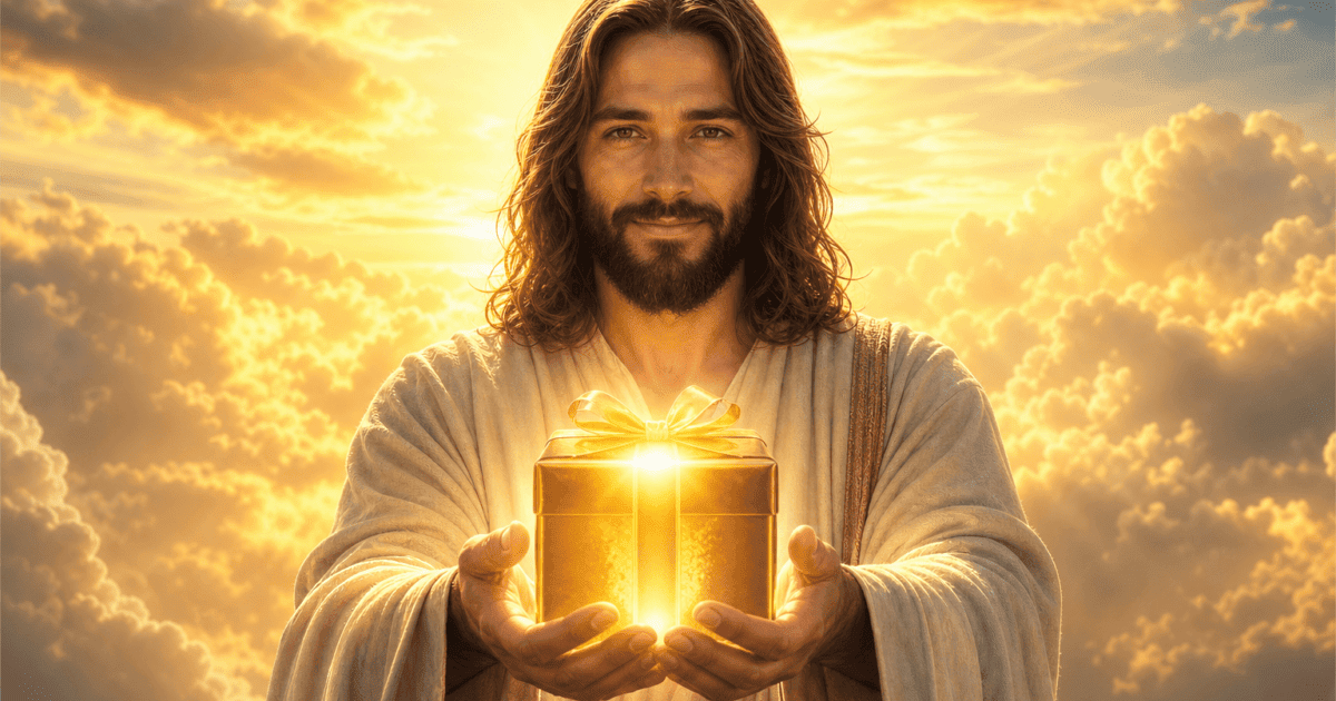 Jesus segura uma caixa dourada diante de nuvens iluminadas, em uma ilustração sobre cuidado, esperança e providência divina.