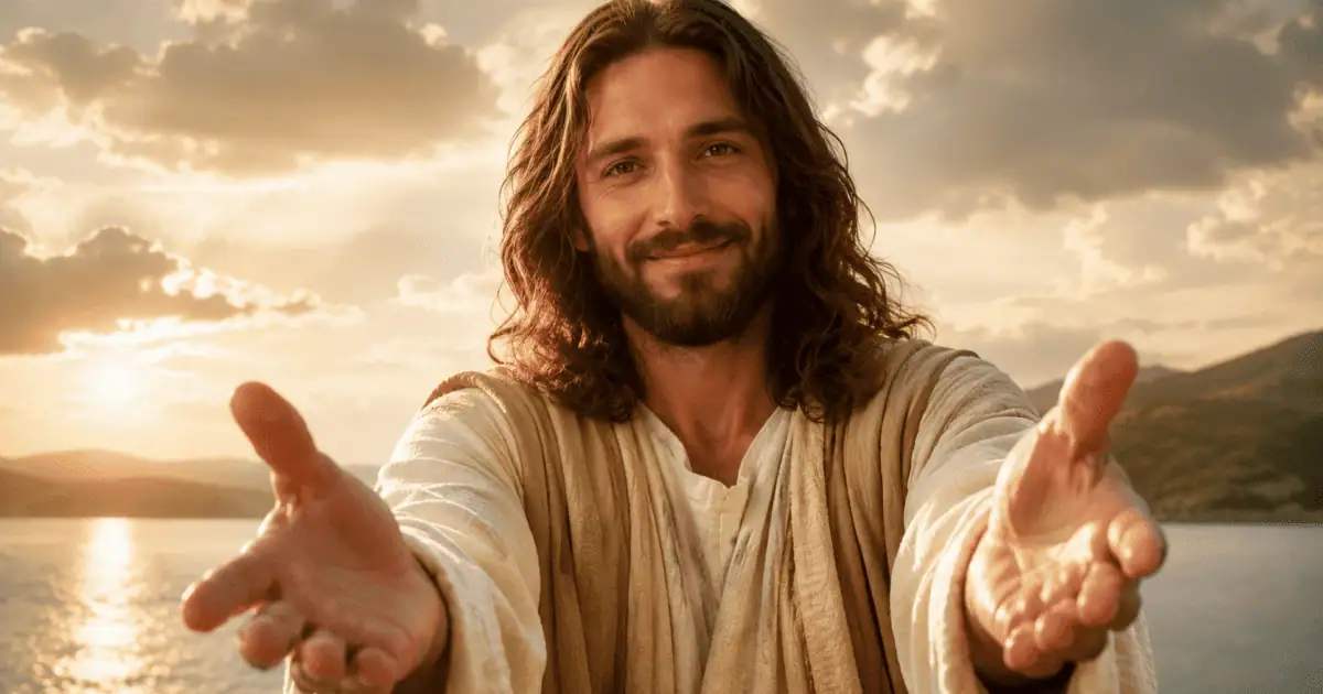 Jesus com as duas mãos estendidas diante de um lago ao pôr do sol, na reflexão Resposta de Deus para hoje.