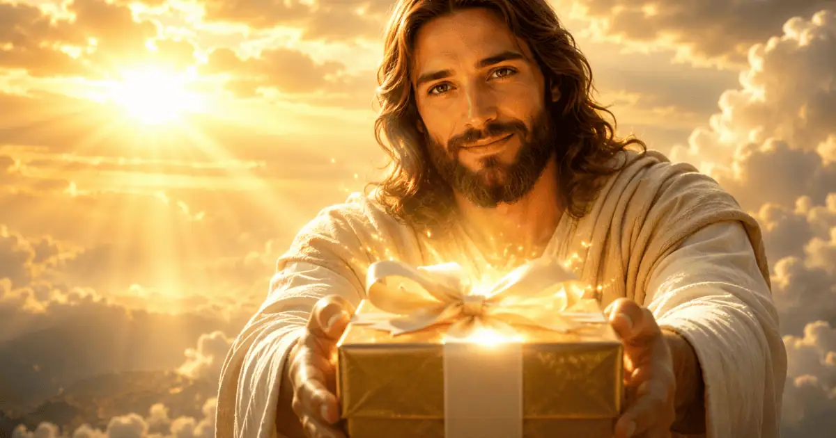Jesus oferece um presente dourado com laço diante de nuvens iluminadas, imagem da Carta de Deus e da reflexão Fé nos dias comuns.