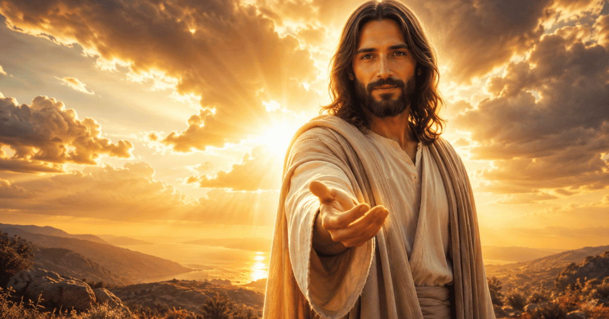 Jesus estende a mão sob um céu dourado, nas reflexões Mensagem de Jesus antes de dormir, Sinal de Jesus e Fala de Deus.