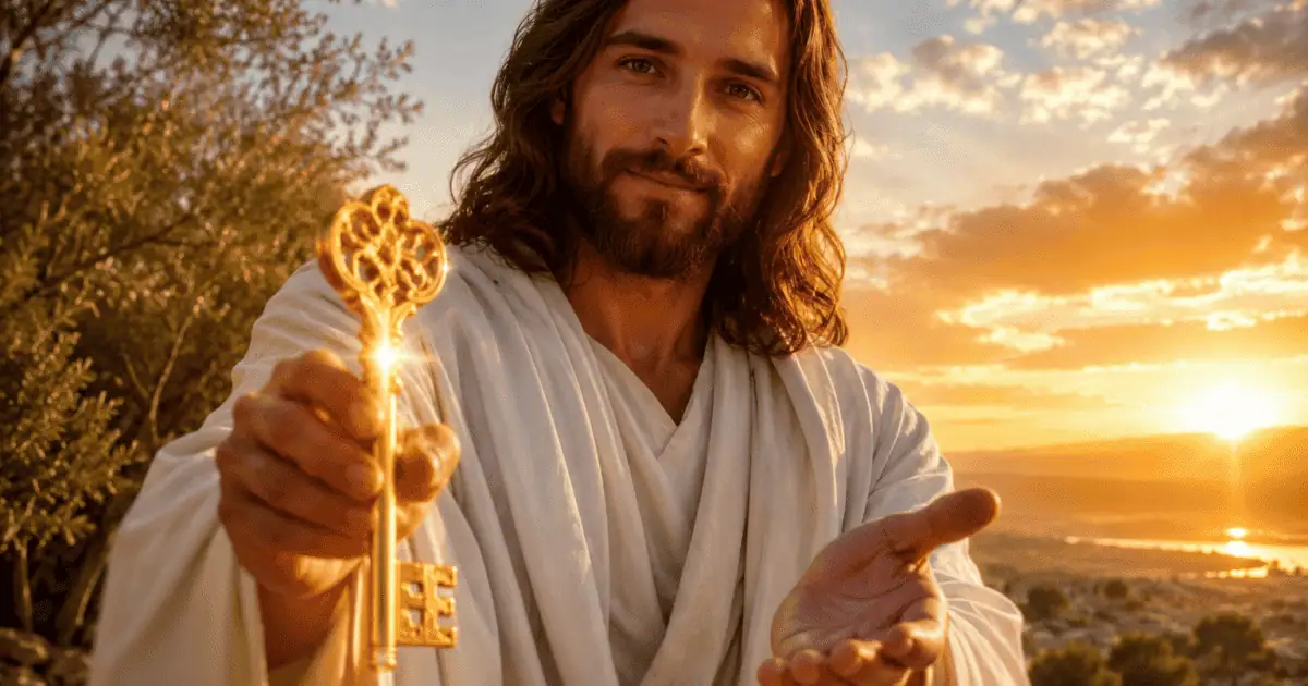 Jesus segura uma chave dourada e estende a outra mão ao pôr do sol, na reflexão Chave do Milagre.