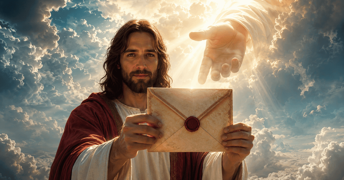 Ilustração da Carta do Pai: Jesus segura um envelope com selo vermelho entre nuvens, com uma mão iluminada ao fundo.