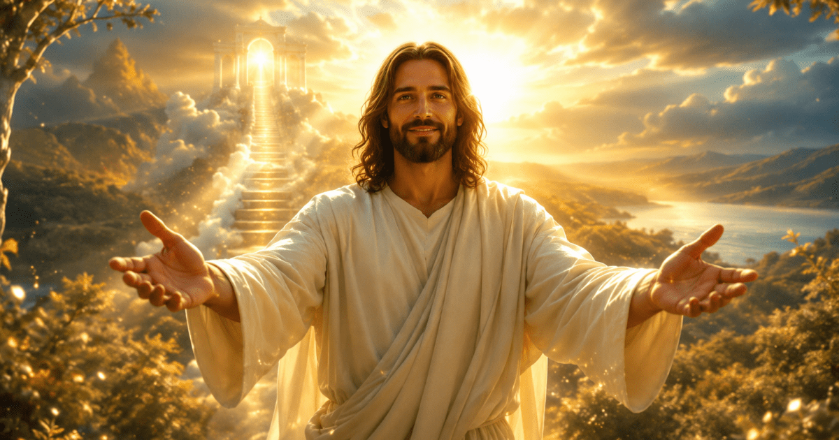 Jesus de braços abertos diante de uma escadaria e uma porta iluminada, na reflexão Providência de Deus.