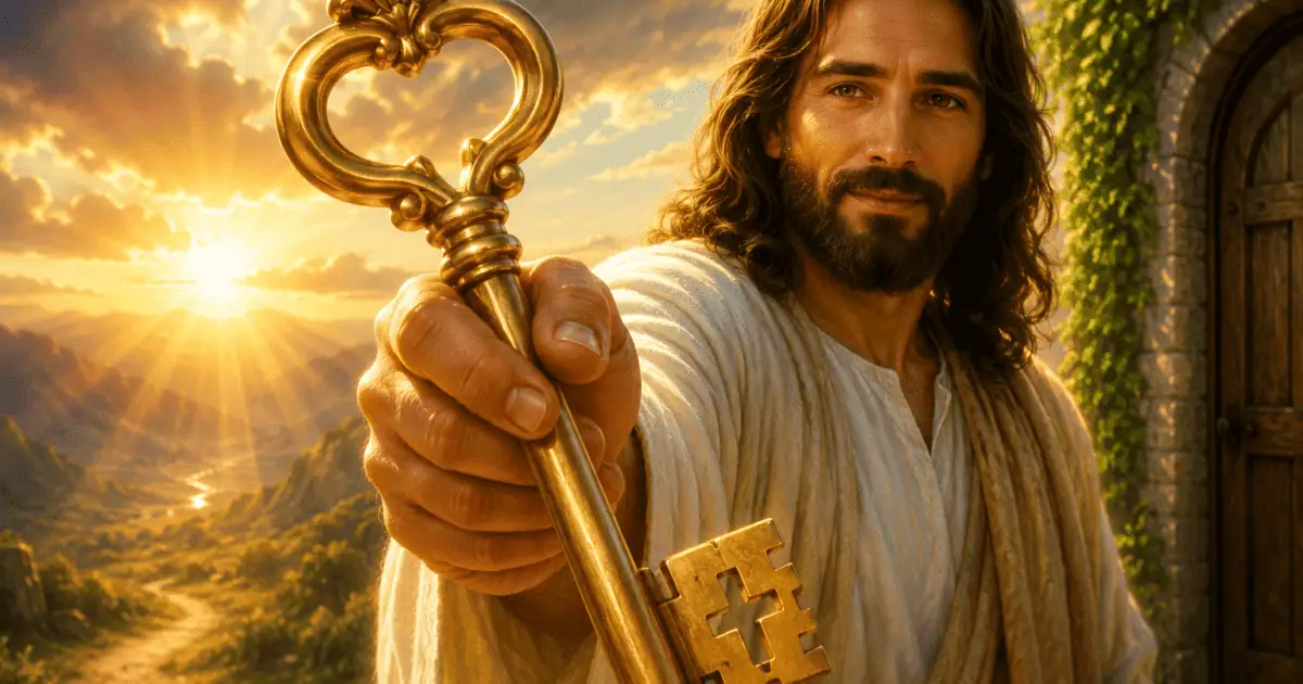 Jesus oferece uma chave dourada diante de uma porta de pedra ao pôr do sol, nas reflexões Chave da madrugada e Chave da Virada.