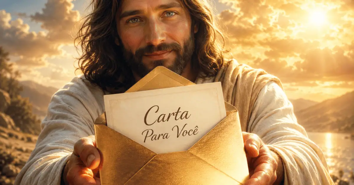 Ilustração de Jesus Cristo oferecendo um envelope dourado aberto com a mensagem “Carta Para Você”, diante de montanhas ao pôr do sol.