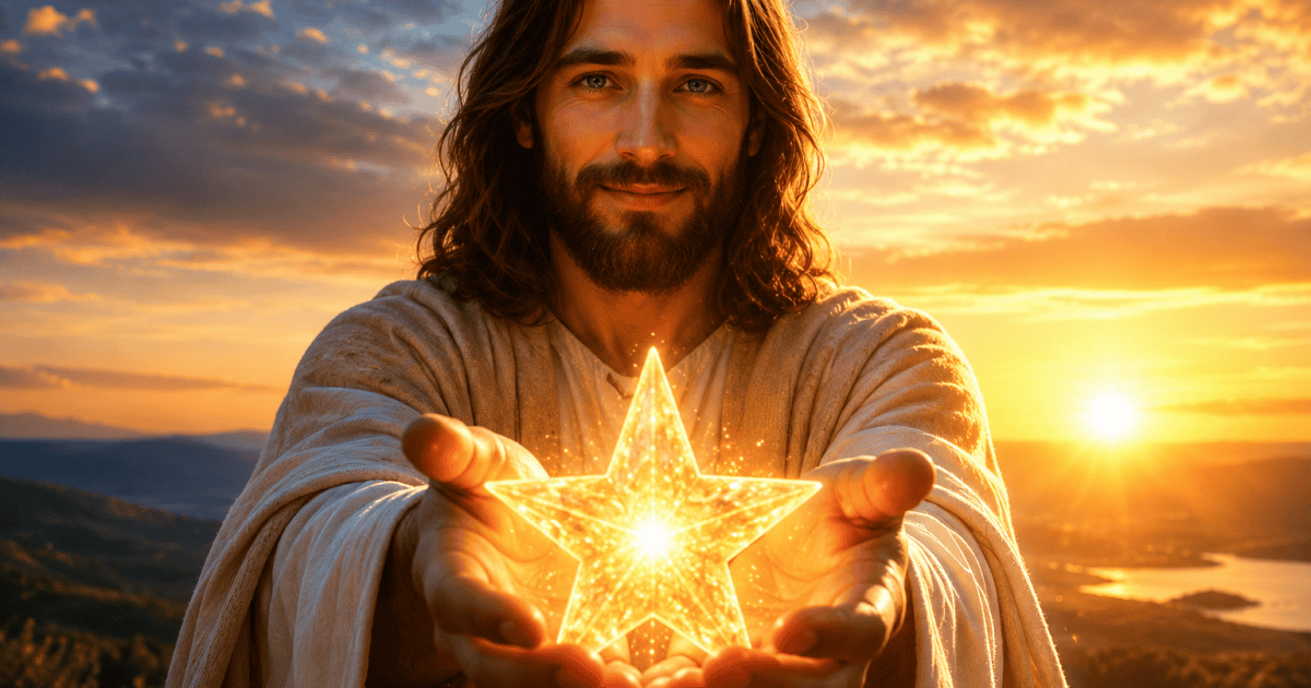 Ilustração da Estrela de Jesus, com Jesus segurando uma estrela dourada entre as mãos diante de um céu iluminado.