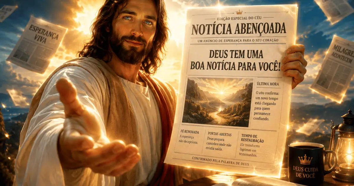 Jesus estende a mão e segura um jornal com o título Notícia Abençoada, diante de um céu dourado.
