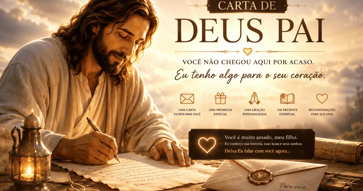 Ilustração de Jesus escrevendo à mesa com uma lanterna e um envelope, ao lado do título “Carta de Deus Pai”.