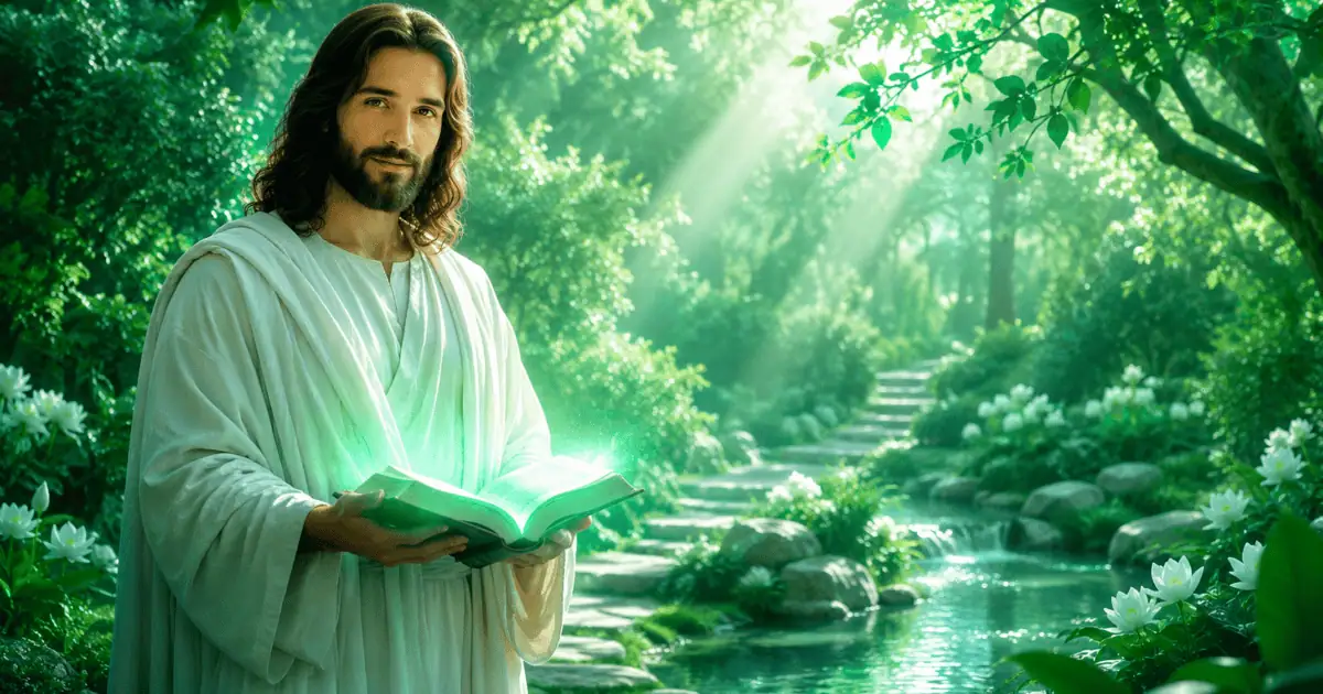 Ilustração do Jardim da Palavra: Jesus segura um livro aberto entre árvores, flores brancas e um riacho iluminado.