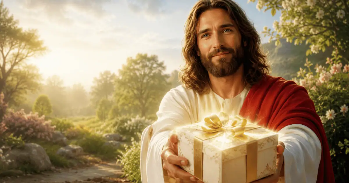 Jesus oferece uma caixa clara com laço dourado em um jardim iluminado, ilustrando a reflexão sobre o presente da paz.