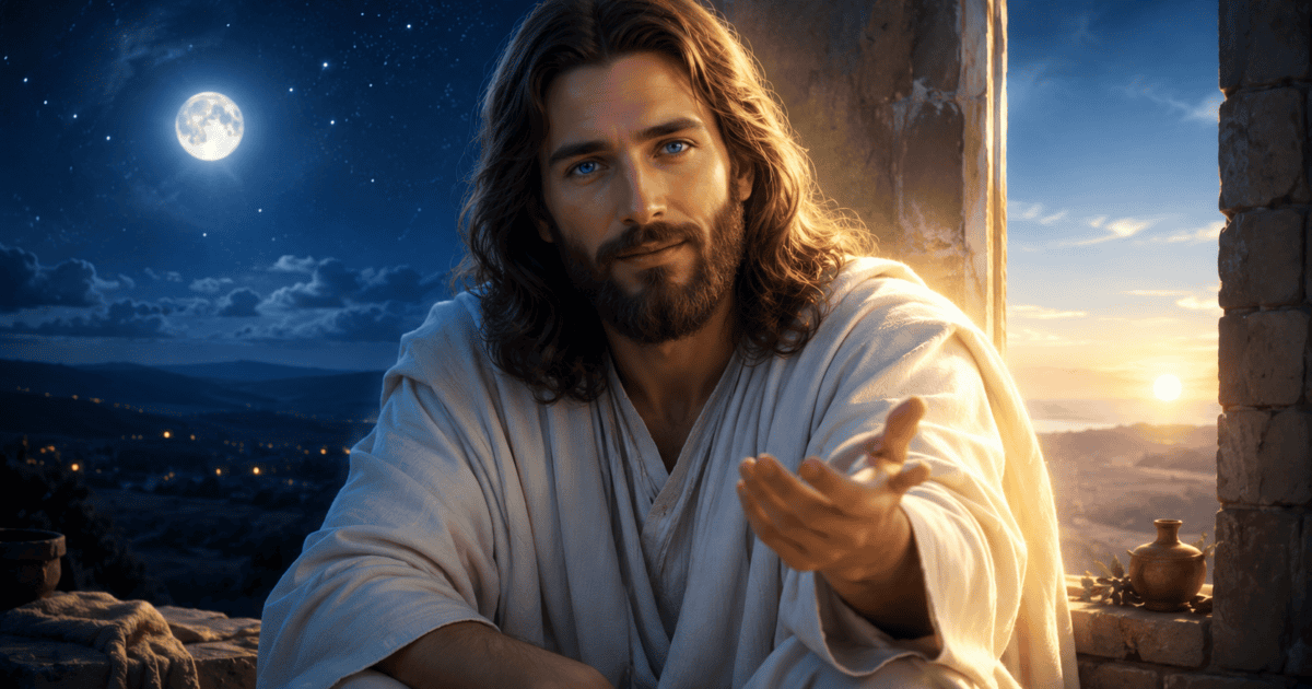 Jesus com uma mão estendida entre a noite e o amanhecer, na ilustração da reflexão Deus te acordou.