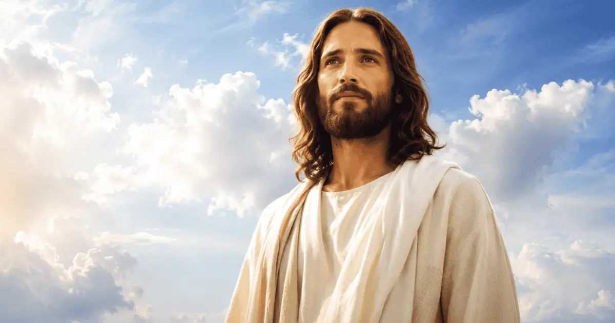 Ilustração do Recado do Céu: Jesus de vestes claras olha para o alto diante de um céu azul com nuvens iluminadas.