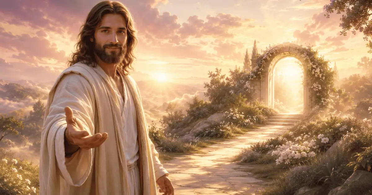 Jesus estende a mão junto a um caminho iluminado que leva a um arco de pedra florido, na mensagem Sinal do Milagre.