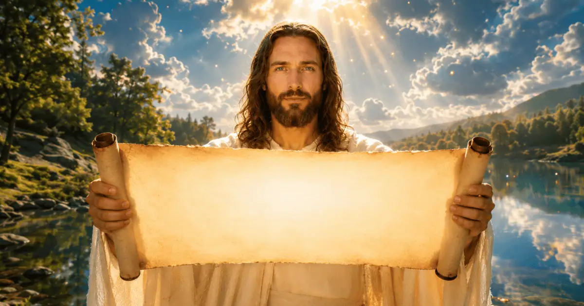 Jesus segura um pergaminho aberto diante de um lago, na reflexão Uma Promessa de Deus.