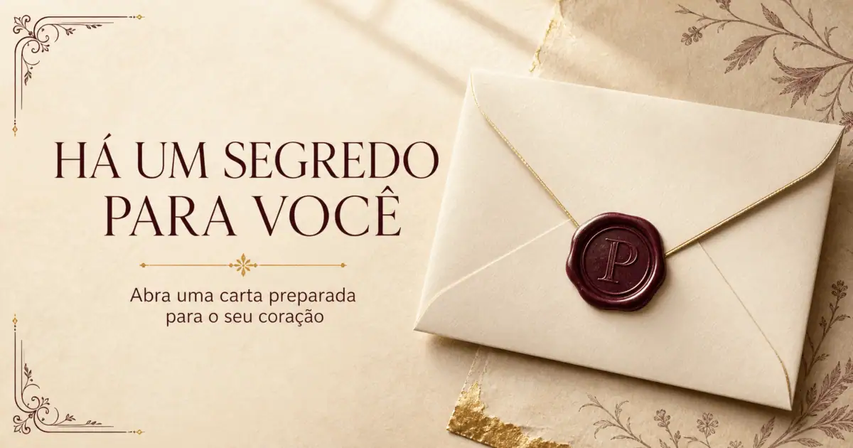 Envelope claro com selo de cera e a letra P, ao lado da frase Há um segredo para você, ilustrando cartas para o coração.
