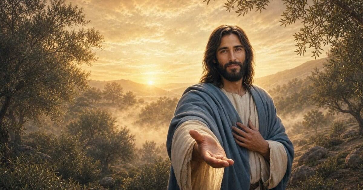 Jesus de manto azul estende a mão entre árvores sob luz dourada, nas reflexões Salmo 91 explicado e Caminhos do Milagre.