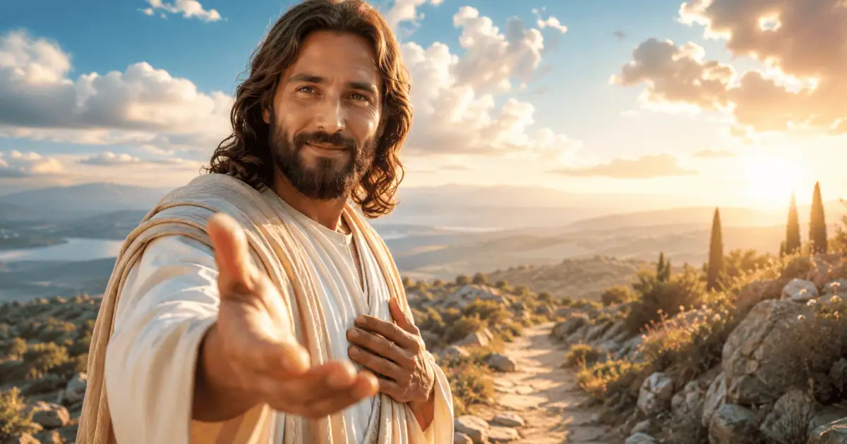 Ilustração de uma pausa com Jesus: ele estende a mão junto a um caminho de pedras, com montanhas, água e céu dourado ao fundo.